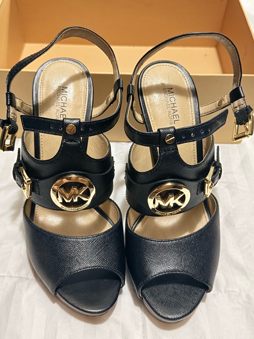 MICHAEL Michael Kors Black Leather Gold-Logo Peep Toe Heels